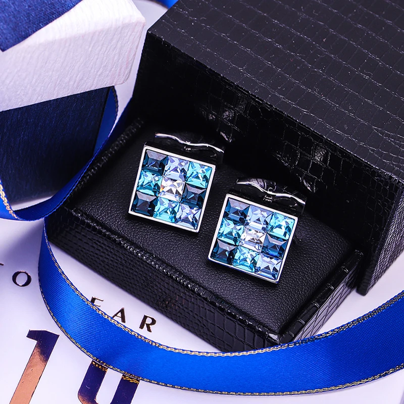 KFLK Jewelry shirt cufflink for mens Brand Fashion Blue Crystal Cuff link Luxury Wedding Groom Button High Quality guests