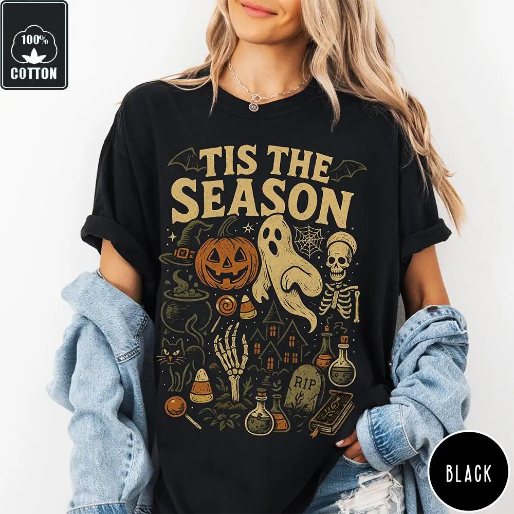 

Retro Halloween Colorful Comfortable T-shirt Spring And Autumn 100% Cotton Short Sleeve Unisex Pumpkin Ghost Pattern Holiday Top