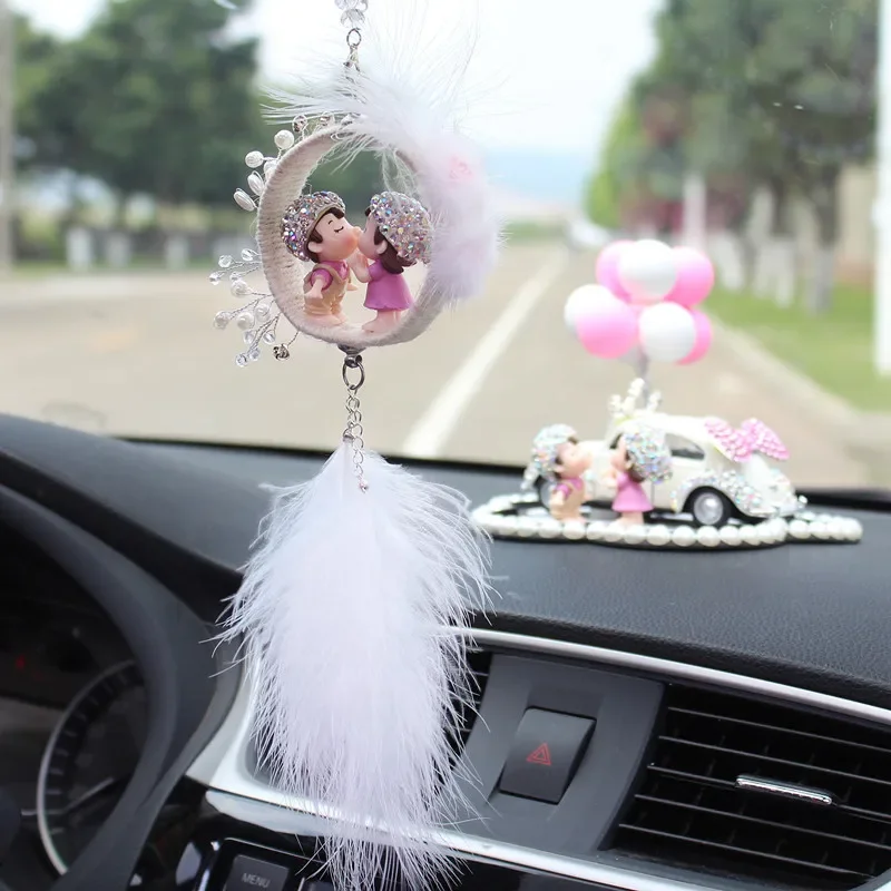 Diamond Couple Figures Car Interior Pendant Gadget Auto Rearview Mirror Funny Pink Cute Women Decor Dashboard Accessories