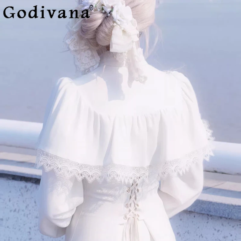 فستان لوليتا على الطراز الفرنسي للنساء فستان أبيض كيب الخصر مقصوص عتيق أنيق للفتيات لربيع الخريف حورية البحر فستان طويل