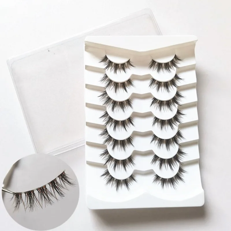 7 paia di ciglia finte in misto marrone nero naturale, fascia trasparente, ciglia sottili segmentate, stile Manga 3D, trucco per occhi di gatto, riutilizzabile