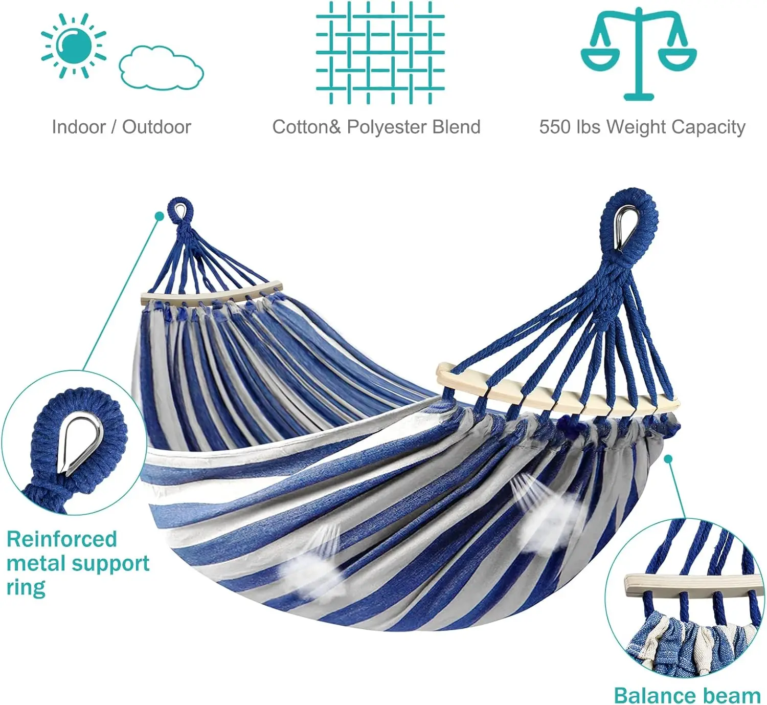 Portable Camping Hammock with Anti-Roll Balance Beam and Sturdy Metal Knot Straps for Outdoor Relaxation