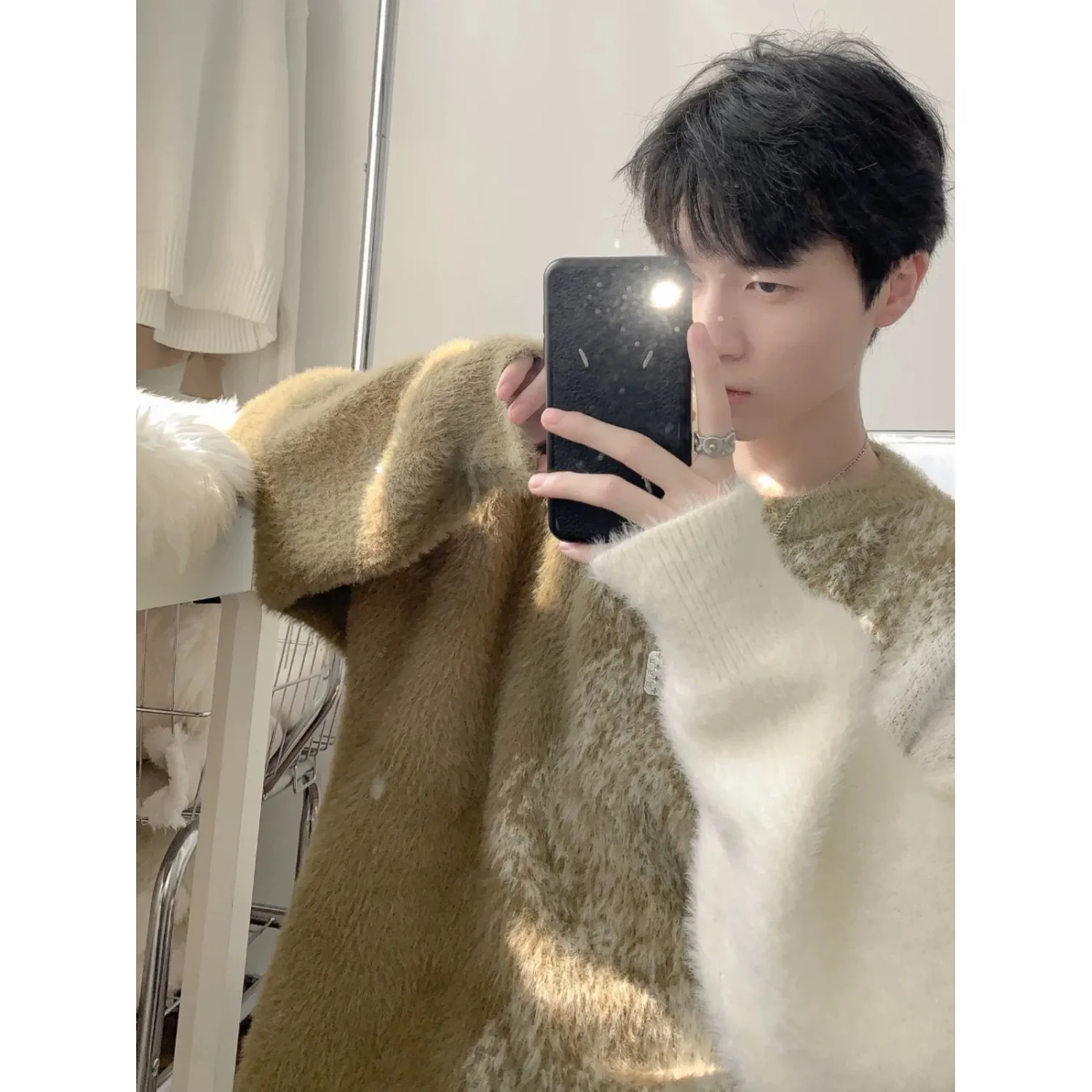 Gradient Lazy High-End Sweater Men's Autumn/Winter Fake Fur Fashion Knitwear Men's Sweater Jacket Fuzzy Sweater
