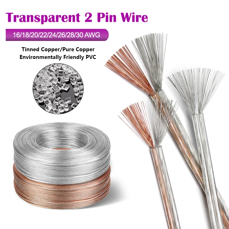 2/10/50m UL2468 Transparent 2Pin Sheath Power Cord 16/18/20/22/24/26/28/30 AWG PVC Insulated Audio Speaker Cable Led Wire Line