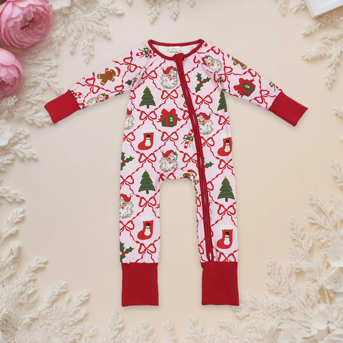 

Baby Infant Girl Sleepers Rompers Newborn Coverall Long Sleeve Red Bows Santa Gifts Zipper Bodysuit Toddler Children Clothing