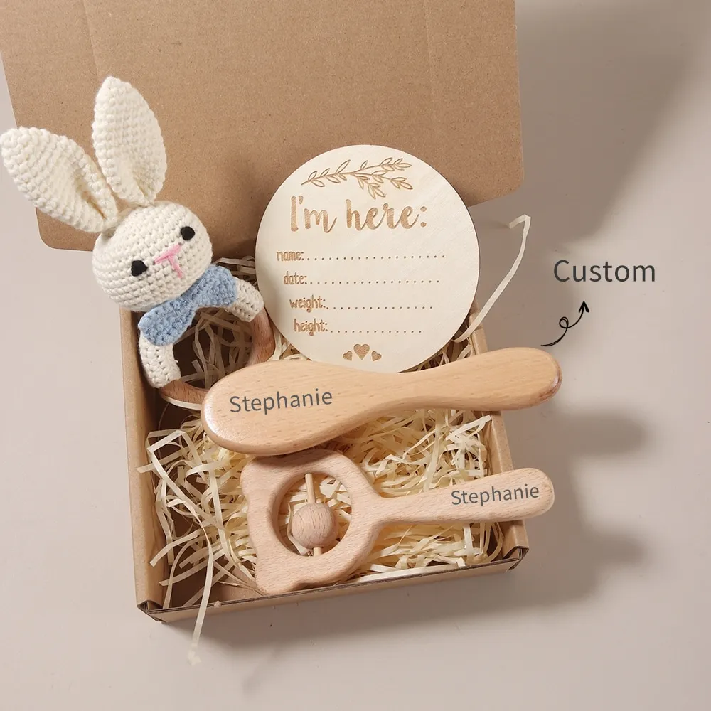 Custom Name Newborn Baby Hair Brush Set - Beechwood Comb & Soft Wool Brush - Natural Baby Grooming Kit & Gift