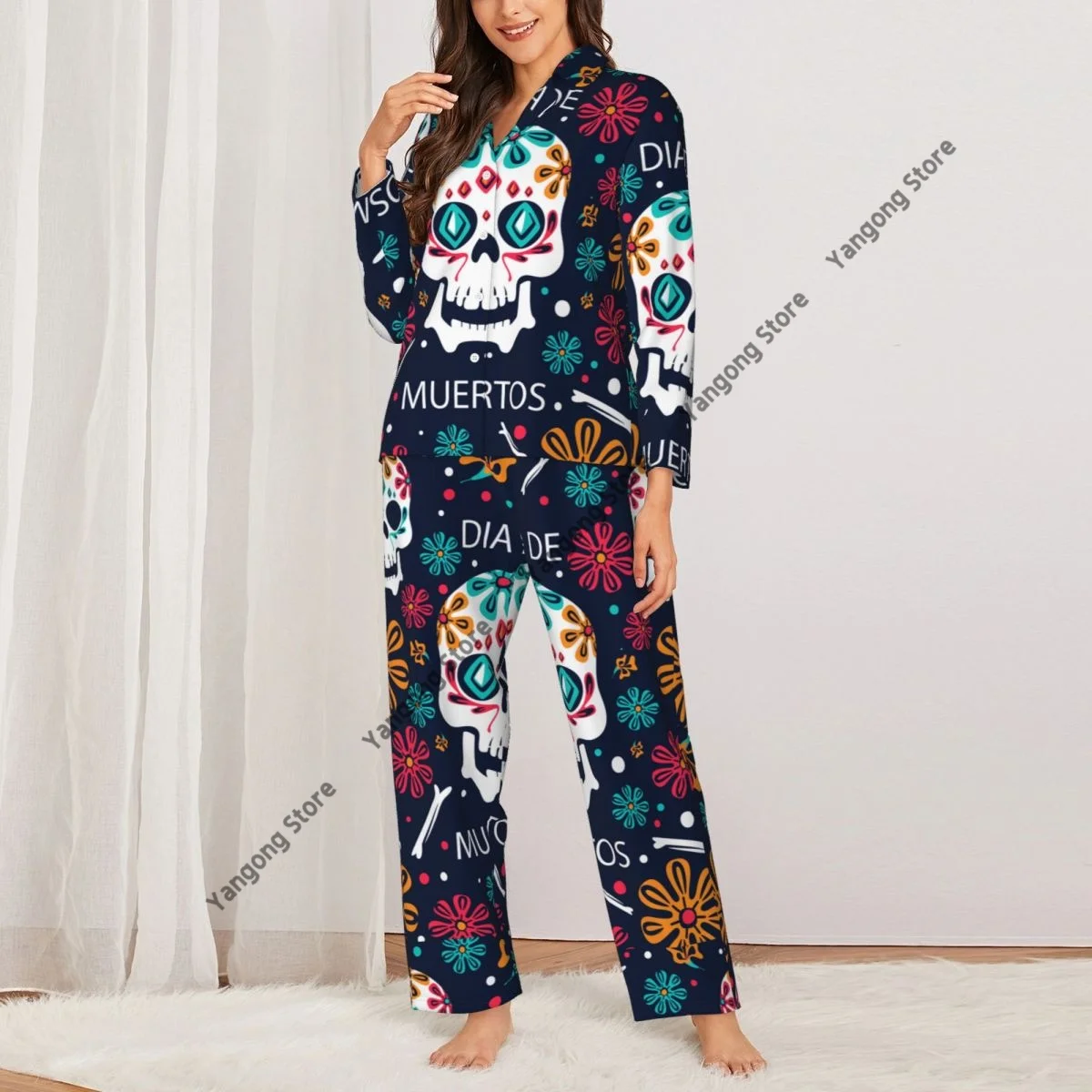 Women Sleepwear Loungewear Day Dead Floral Design Long Sleeve Lapel Neck Shirt and Elastic Waist Pants Pajamas Set