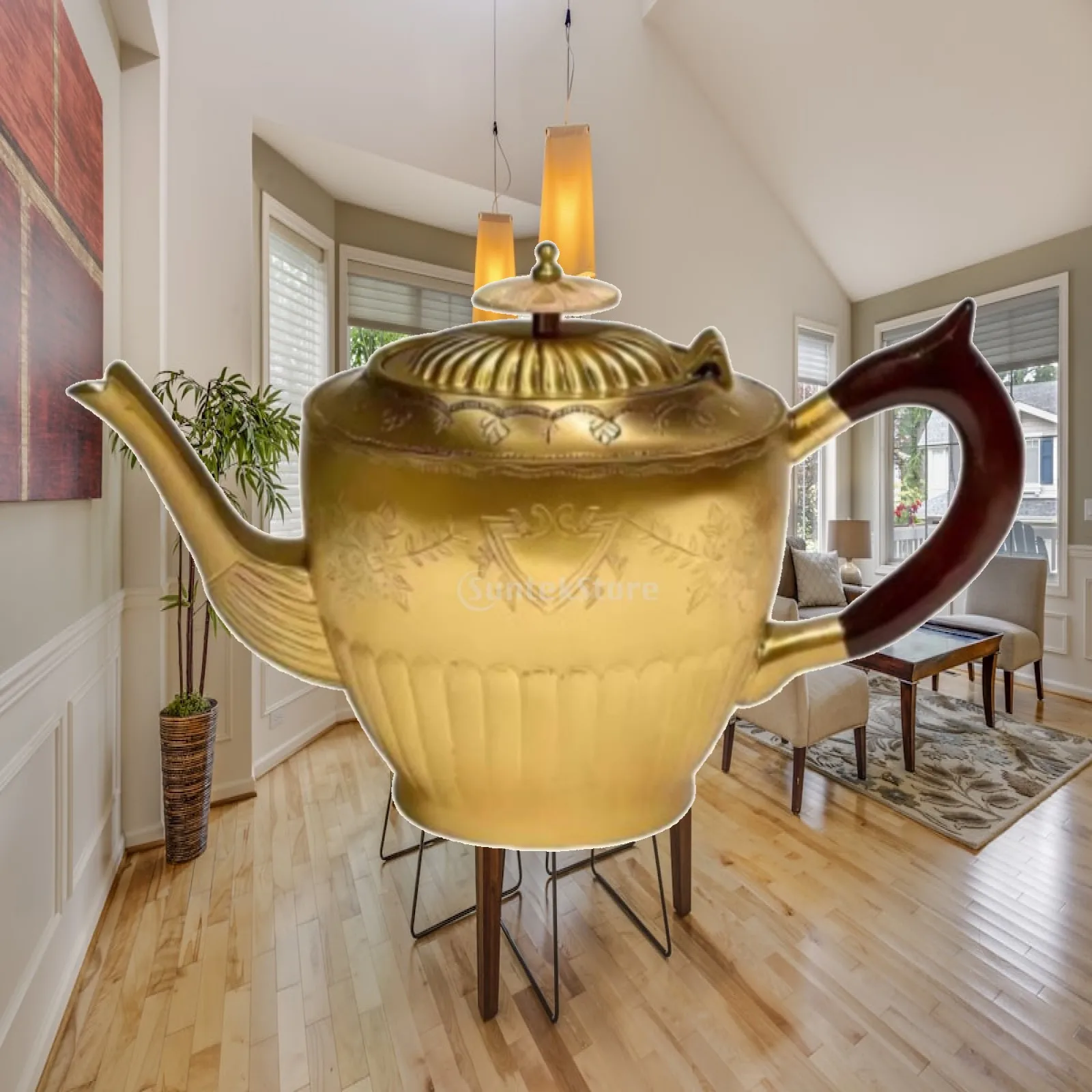 Artisan Brass Teapot Ornate Ribbed Body Wood Handle Classic Teapot for Living Room Mantel Decor Tea Corner Styled Photo