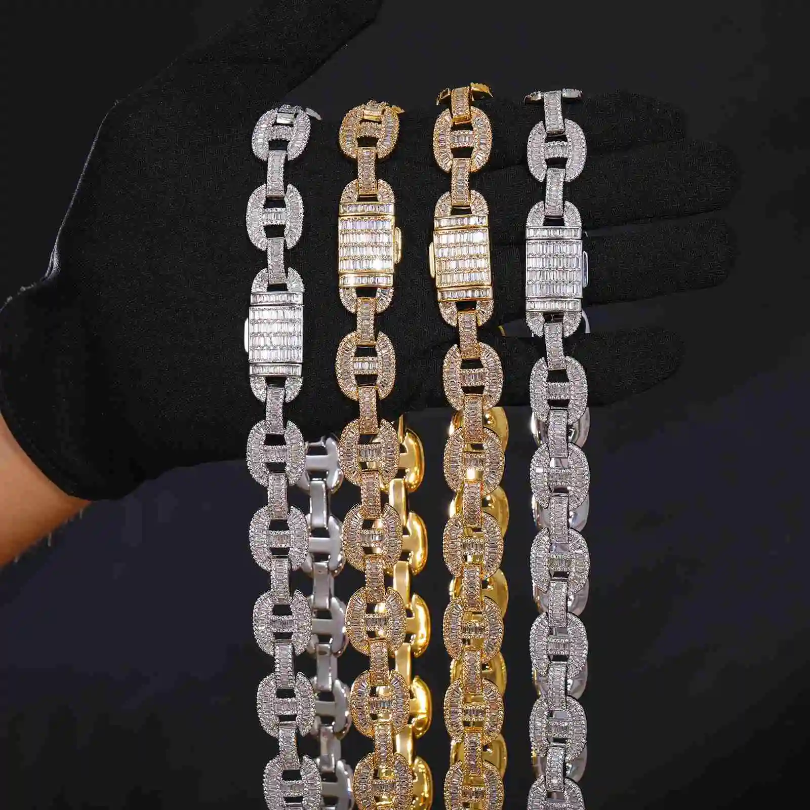 Quality High 16mm Baguette Moissanite Guci Link Chain 925 Sterling Silver Lab Mossanite Diamond Iced Out Cuban Chain for Men..