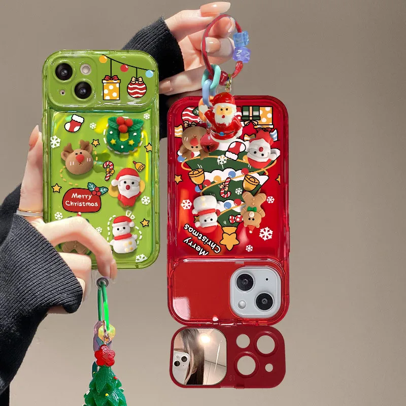 Cartoon 3D Santa Claus Elk Snowman Christmas Tree Flip Mirror Phone Case For iPhone 12 11 Pro Max 16 15 14 Plus 13 Mini 8 7