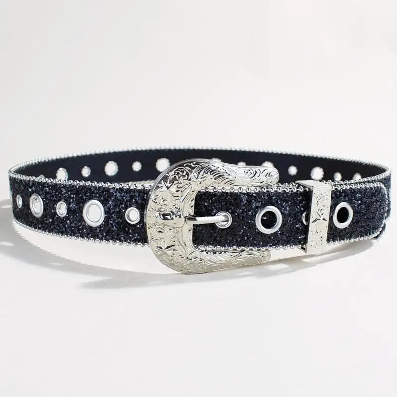 P9FE متلألئ الترتر حزام للنساء حزام خصر الموضة 2000s فتاة جميع مطابقة حزام للجنسين حزام غربي حزام الخصر خمر