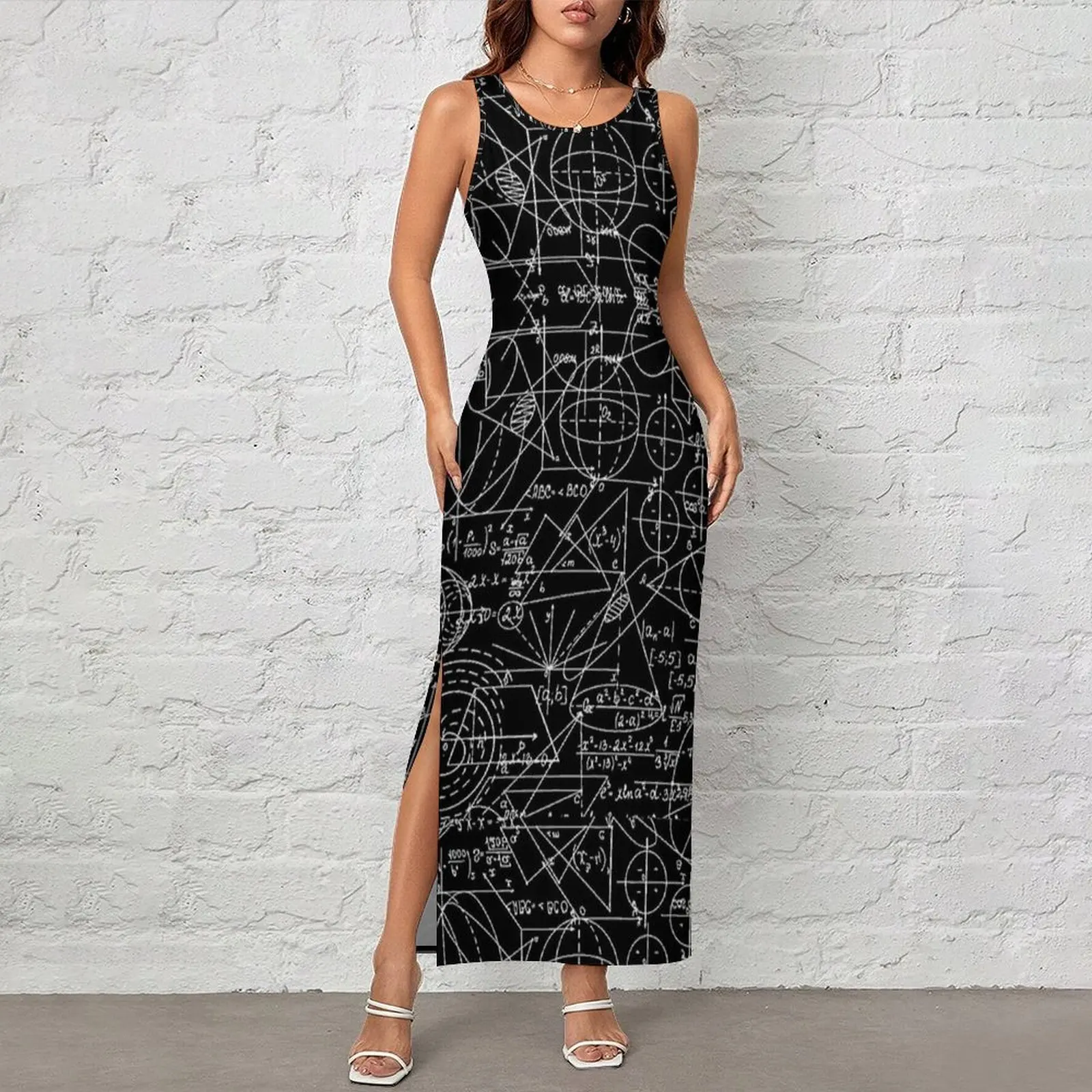 Dark Geometry Math Sketch Print Dress Sleeveless  Street Style Maxi Dresses Vintage Bodycon Dress Women Design Oversized Vestido