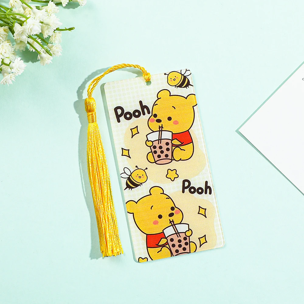 1Pcs Cute Pooh Bear Tassel Bookmark Acrylic Disney Bookmarks For Fans Collection Reading Marker Family Friends Girls Gift