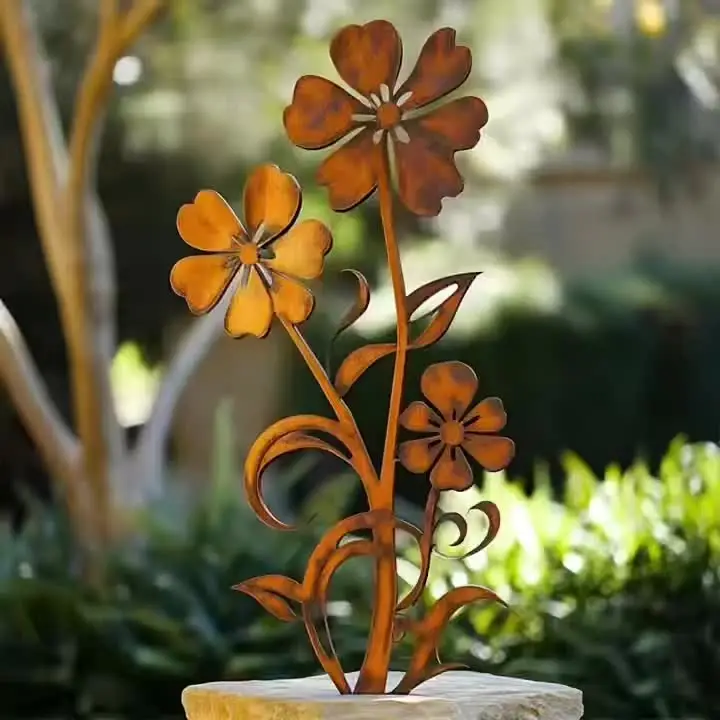 1 Piece Rusty Flower Garden Stake, Rust-Colored Silhouette Decoration, Country-Style Metal Craft