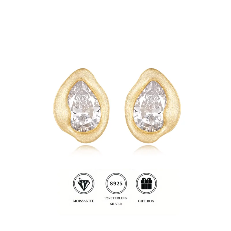 New Arrival Vintage-Inspired Brushed 8*12mm Water Drop Moissanite Earrings, S925 Sterling Silver Niche Sparkling Studs, Unique R
