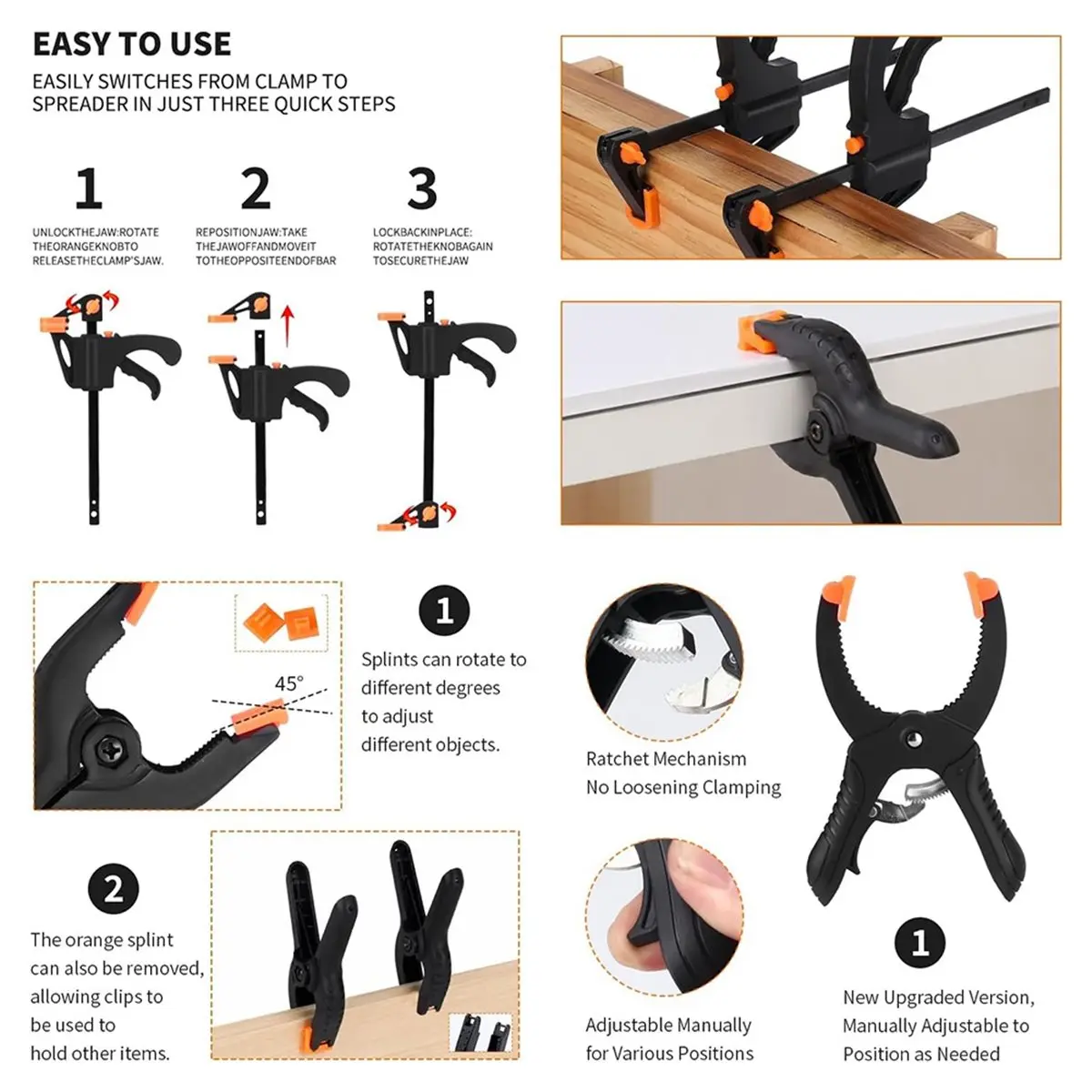 8-Piece Woodworking Hand Clamps Set, Spring Clips for Woodworking, Balloon Arch, Tarp and Crafts Fixing