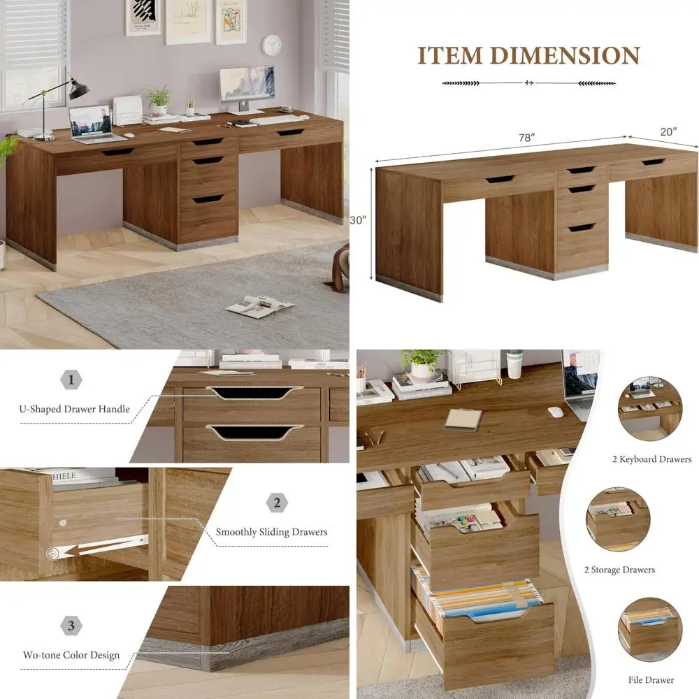 مكتب كمبيوتر مزدوج الشخص بطول إضافي 78 بوصة مع 5 أدراج لمساحة العمل المشتركة والتخزين #1