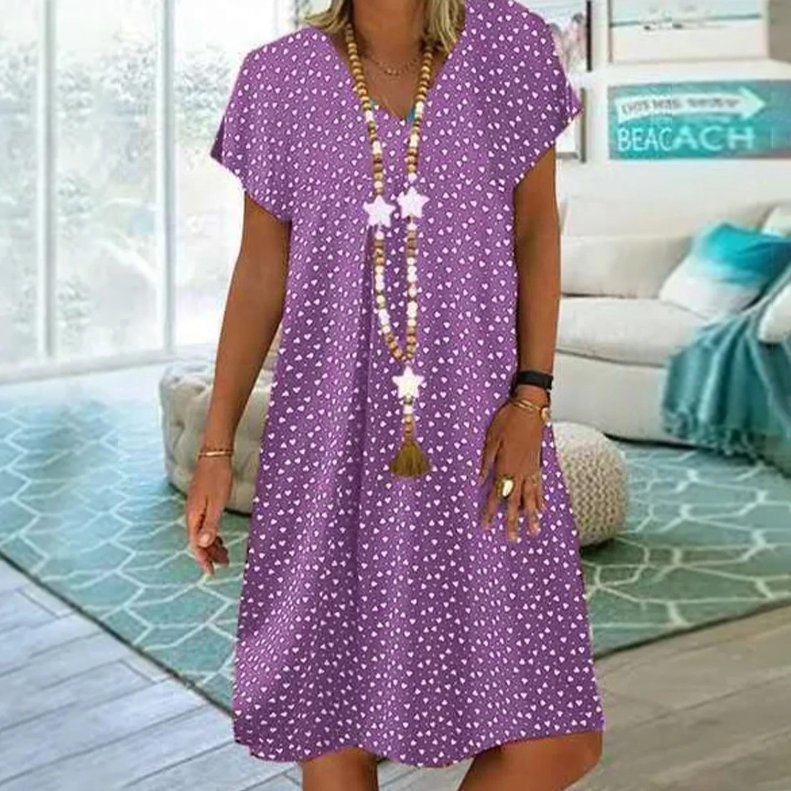 

Women's Shift Knee Length Dress Fashion Blue Short Sleeve Polka Dot Print Spring Summer V-Neck Dress Casual Loose Dress 2023