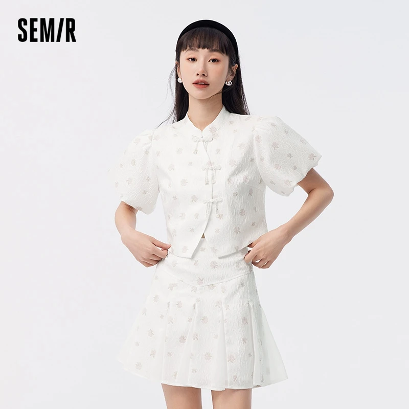 Semir Set Women New Chinese Top Jacquard Short Skirt 2024 Summer New Slim Fit Short Suit