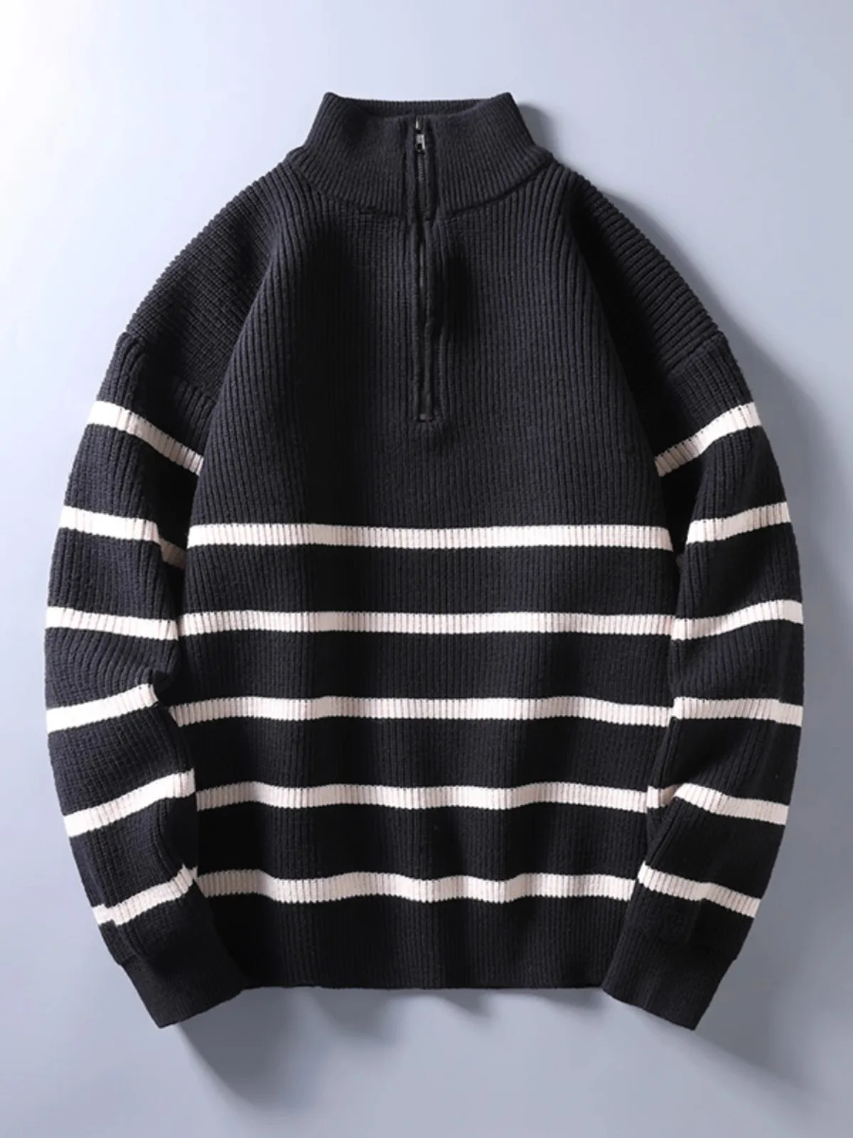 

Thiened Zipper Men's Sweater Casual Loose Striped Outerwear Faionable f High Collar Knitted Winter Autumn Polyester Fiber