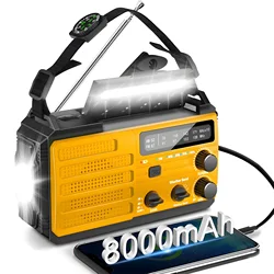 8000mAh Emergency Weather Radio - 3-Mode Flashlight, Solar Charging, Hand Crank, Battery Operated and SOS Alarm for Emergency