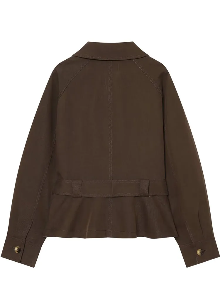 HH Women's Brown Spring Fall Jacket with Tie Belt Relaxed Fit Short Coat with Collared Neck and Side Pockets for Casual