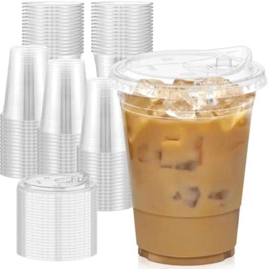 

100 Pack - Clear Plastic Cups with Lids, Sturdy Food Safe Iced Coffee Cups with lids, Disposable Plastic Smoothie Cups for Cold