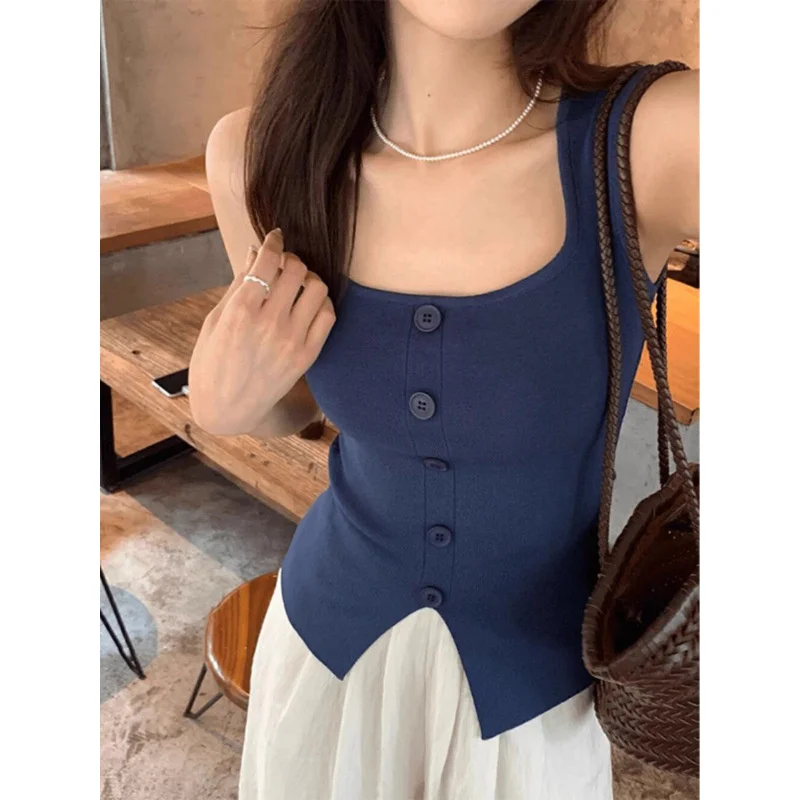 

2026 Summer New Women Square Neck Knit Camisole Single Breasted Slim Fitted Elegant Unique Design Sleeveless Chic Stylish Casual