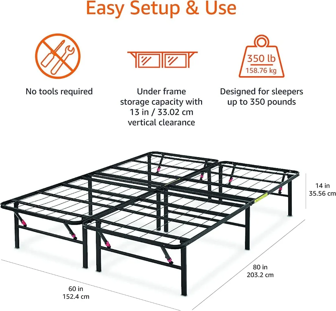Bed Frame with Storage, Foldable Metal Platform, Sturdy Steel, No Box Spring Needed, 14-inch High, Tool-Free Setup, Noise Free,