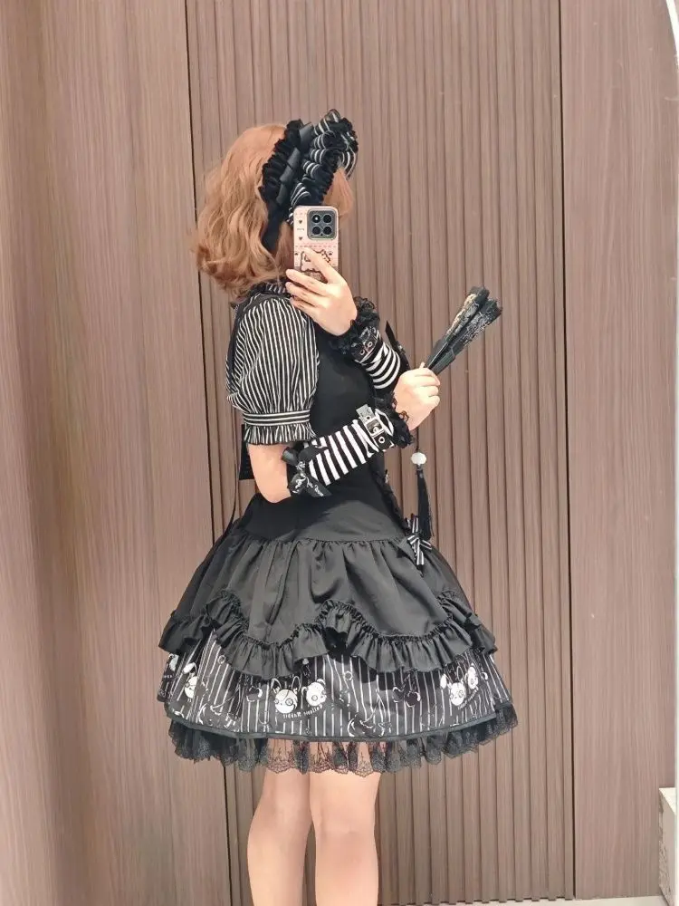 Japanese Retro 2-piece Summer Dark Style Long Sleeved Shirt With Black Cinched Waist And Pleated Shoulder Strap Skirt Subculture