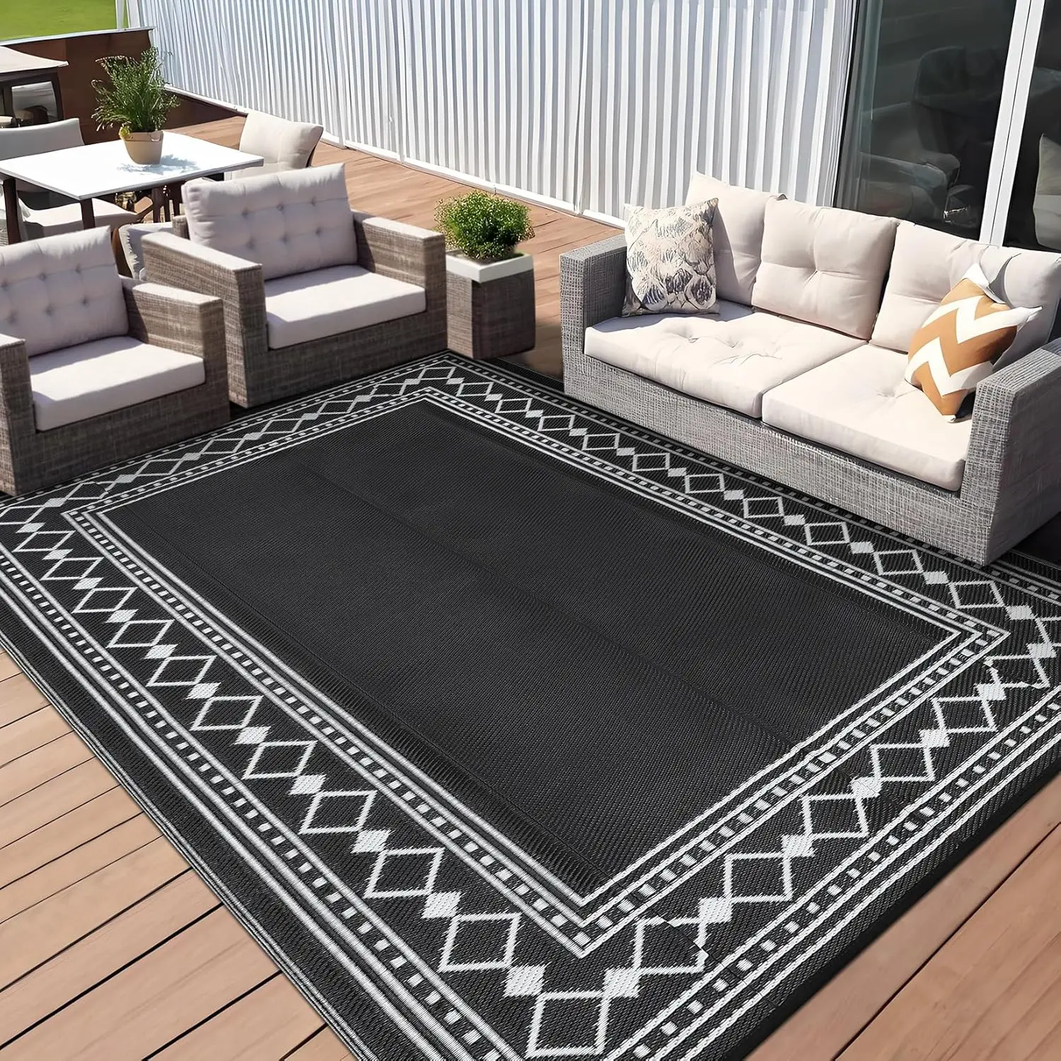 

Large Outdoor Rug 10x14 Waterproof Patio Modern Border Reversible Camping Mat Plastic Straw Outdoor Rug for Patio, RV, Deck,