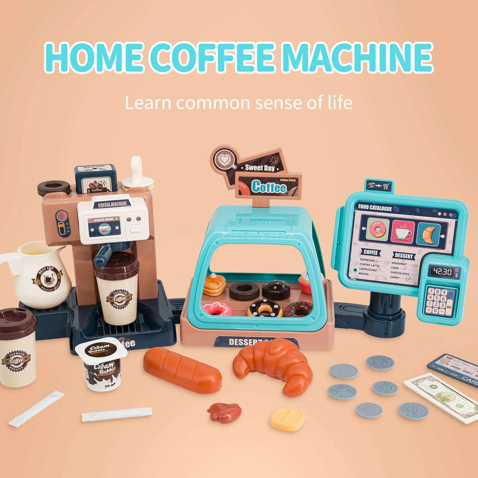 3 In 1 Coffee Machine Toy Set Kitchen Toys Simulation Food Bread Coffee Cake Pretend Play Shopping Cash Register Toys For Kids