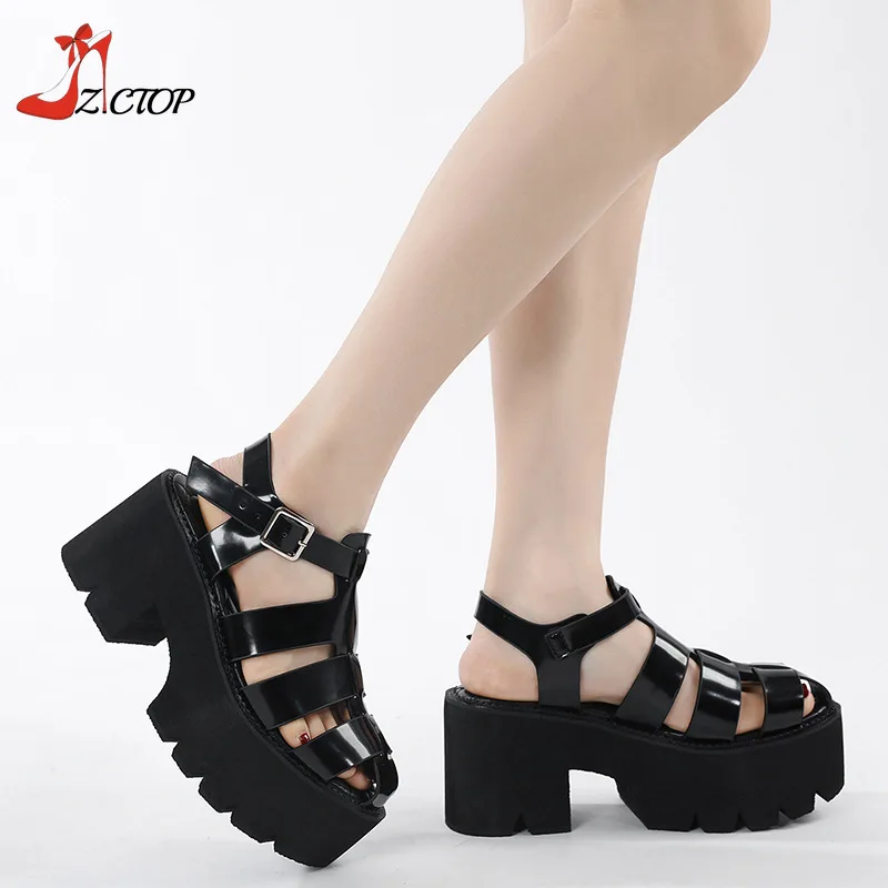 Summer Sandals Women 2024 Closed Toe Platform Roman Sandals Thick High Heels Goth Punk Casual Shoes Ladies Big Size 42 43