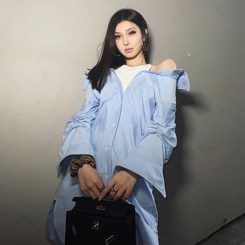 

ChiclyNana22 Autumn New Loose Mid-Length irt Patchwork Ele Korean Sle Collar Long Sve Pure Color Commute Wind