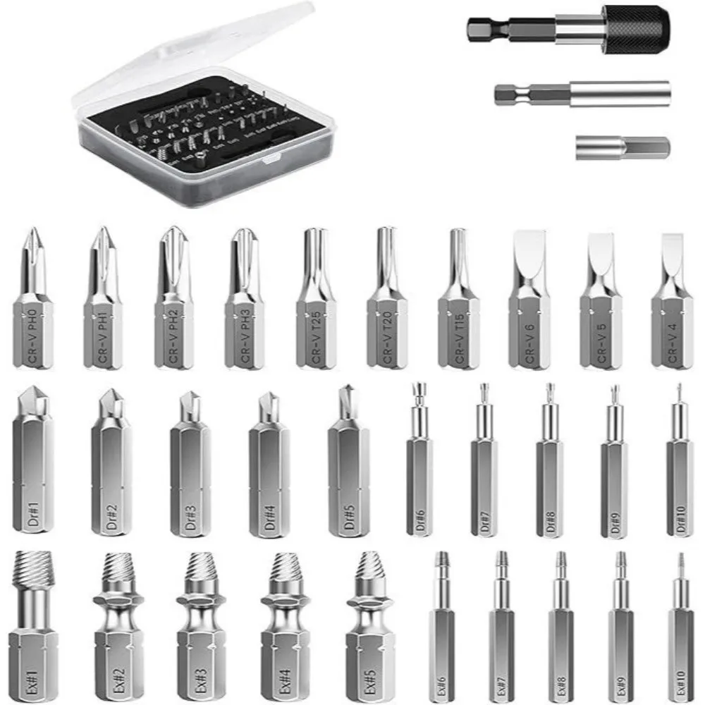 33 Piece Set High Speed Steel Damaged Screw Extractor Socket Adapter Drill Bits Design Broken Bolt Remover Case Included