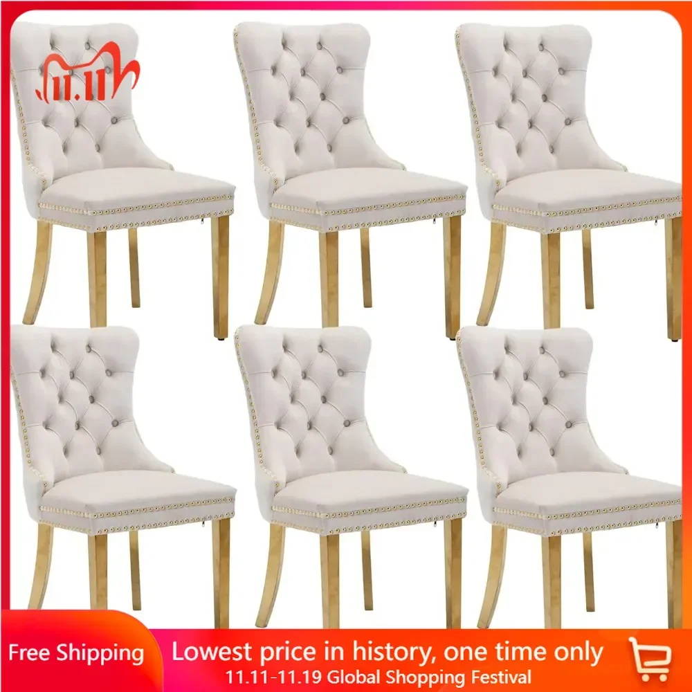 Velvet Dining Chairs Set of 6, Upholstered Dining Room Chairs with Back Ring Pull Trim,Kitchen Chairs for Kitchen Living Room