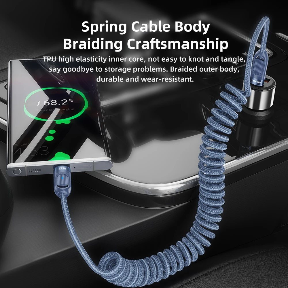 Toocki 100W USB C Cable for iPhone 15 Pro Max Plus LED Light In-car Spring PD Fast Charging Charger Type C Cable for Samsung LG