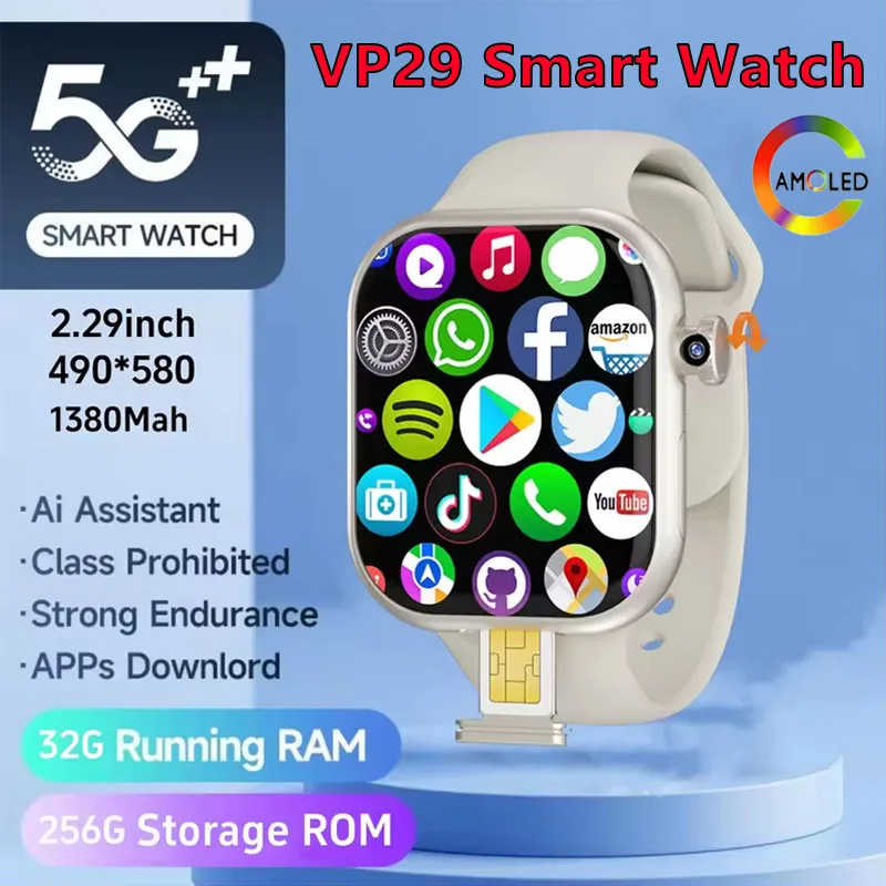 

2025 New VP29 5G Android 256GB storage 4G/5G LTE Sim card GPS WIFI 2.29-inch 490*580 smartwatch with 8 megapixel rotating camera