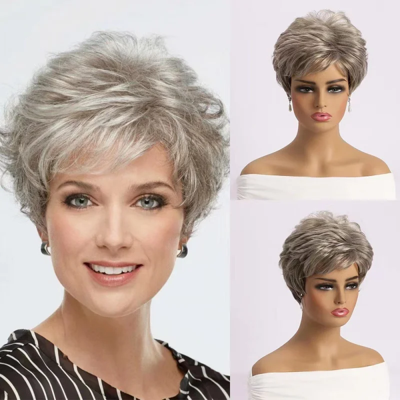 

European and American style women's short wig, synthetic fiber, stylish, with side-swept bangs