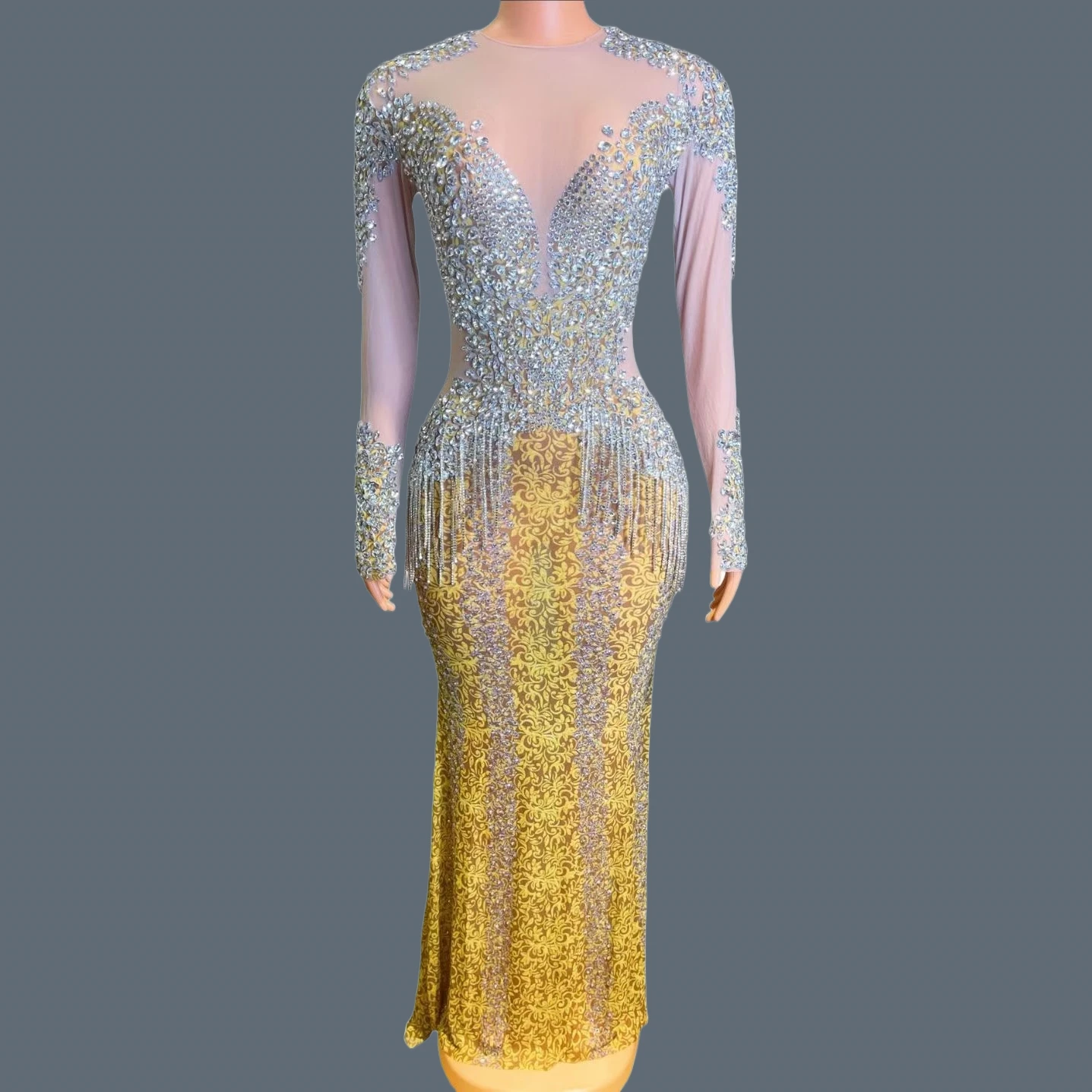 

Luxury High-end Sheer Mesh Long Sleeves Evening Gown Sexy Elegant Women Silver Rhinestone Tassel Sparkly Long Dresses Jinmai