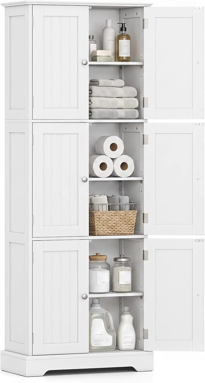 63 Inch Tall Bathroom Storage Cabinet with 6 Doors, Freestanding Utility Cupboard for Home Living Room, White