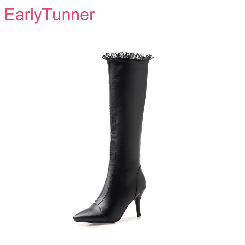 

Новые зимние гламурные черно-белые женские сапоги до колена на высоком тонком каблуке, офисные женские модельные туфли, большие маленькие размеры 12, 436, 48