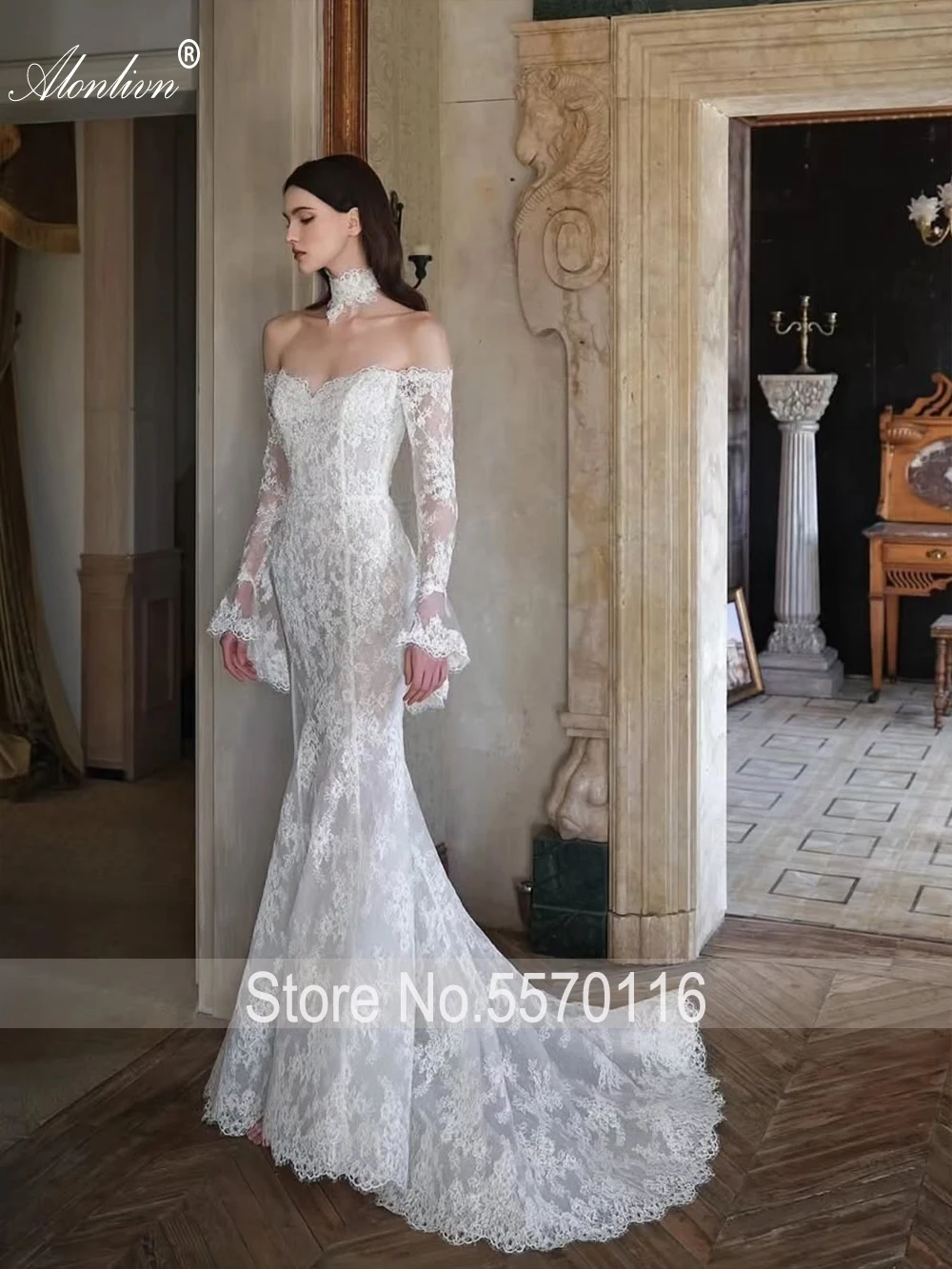 فساتين زفاف Alonlivn مصنوعة حسب الطلب من الدانتيل الساحر حورية البحر عاري الكتفين وأكمام طويلة ذيل قابل للإزالة 2 في 1 فساتين العروس