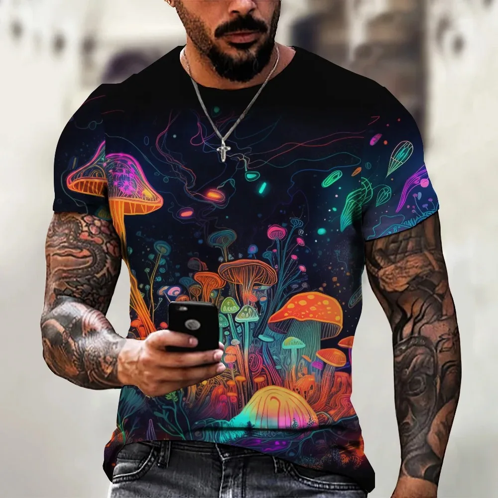 Summer Men\'s T-Shirt 3d Fun Mushroom Short-Sleeved Tshirt Tops Magic Mushroom Print Pattern Oversized Street Men Tshirt