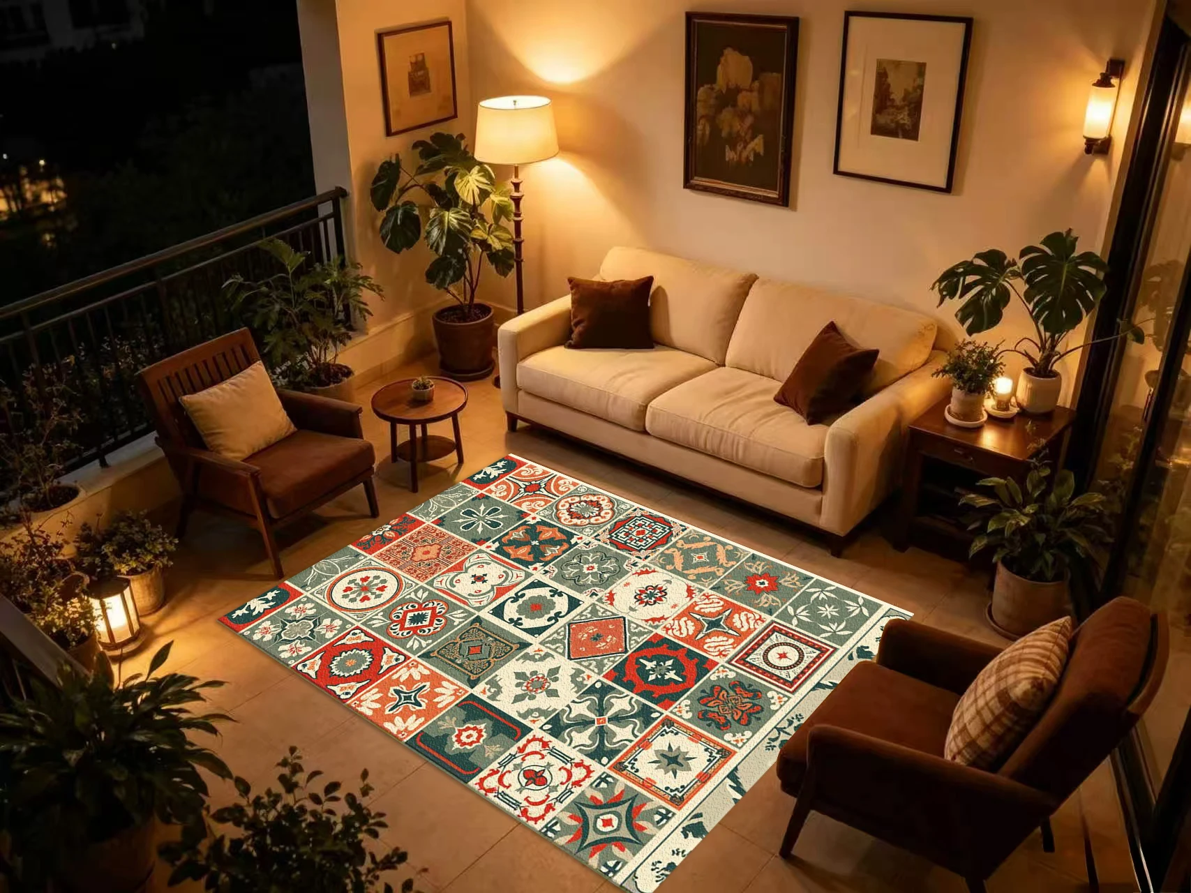 Vintage Moroccan Tile Mosaic Carpet Flooring Multi‑Pattern Patchwork Printed Square Rug for Home Indoor Decoration