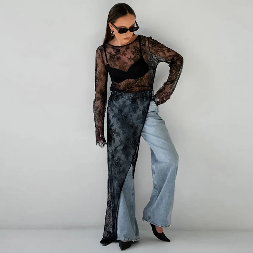 

Linad Sexy Mesh Irregular Long Dress Summer Street Chic Embroidery High Waist Split Dresses For Women Casual O Neck Dress Female