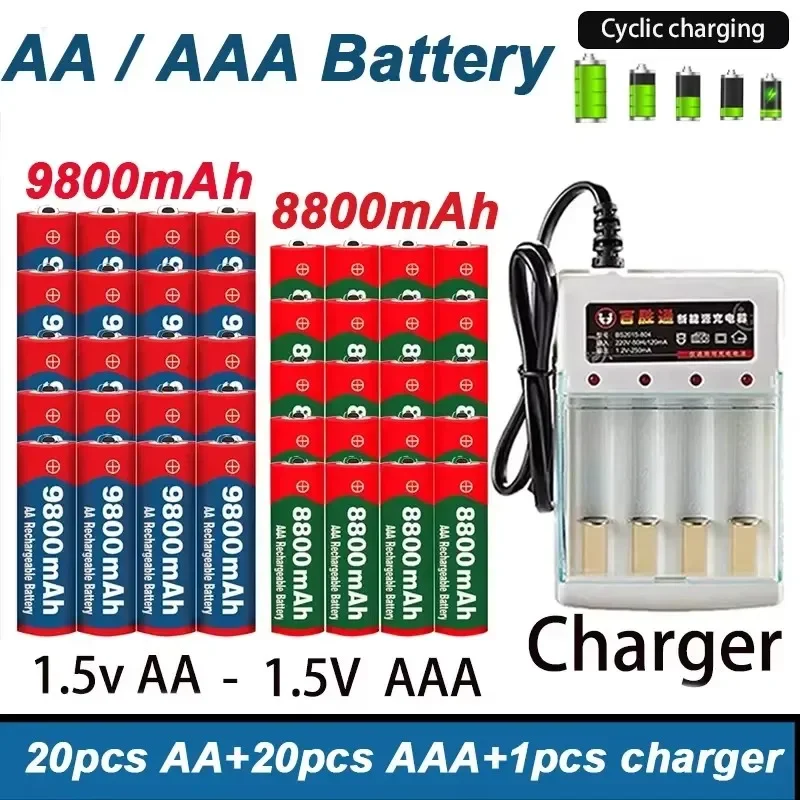 NUOVE batterie ricaricabili 1,5 V, modelli AA e AAA, con kit caricabatterie a 4 alloggiamenti, batterie AA da 9800 mAh e AAA da 8800 mAh, lunga durata, ideali per controller di videogiochi, fotocamere
