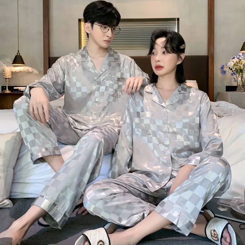 New High-end Couple Pajamas Women Spring Autumn Ice Silk Long Sleeve Loungewear Senior Sense Men Home Service Suit Sleepwear