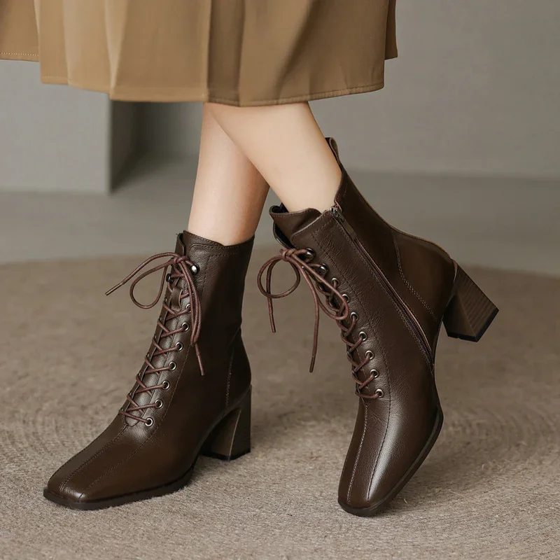 Victorian Style Ankle Boots for Women Square Toe Heel Short Boots Zipper and Lace Up Woman High Heels Retro Elegant Ladies Boots