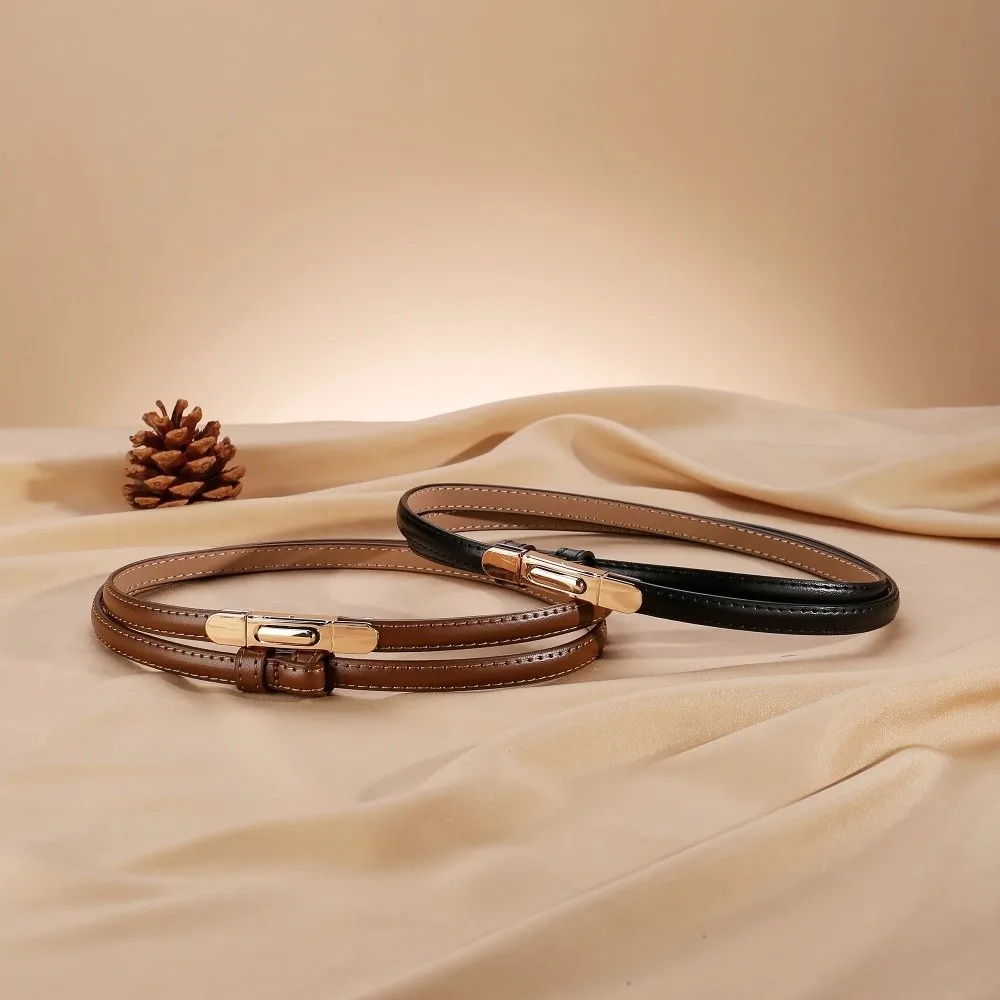 Luxury Ladies Slim Waist Belt Spring Buckle Design Retro Skinny Belt Adjustable Length Leather Belt